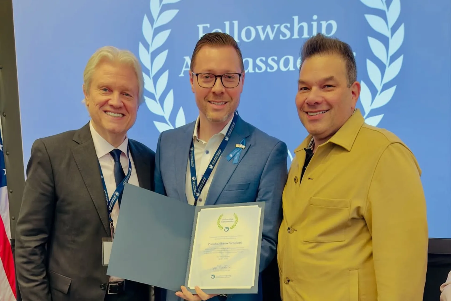 IFCJ Fellowship Ambassadors certificate awarded to Bruno Portigliatti